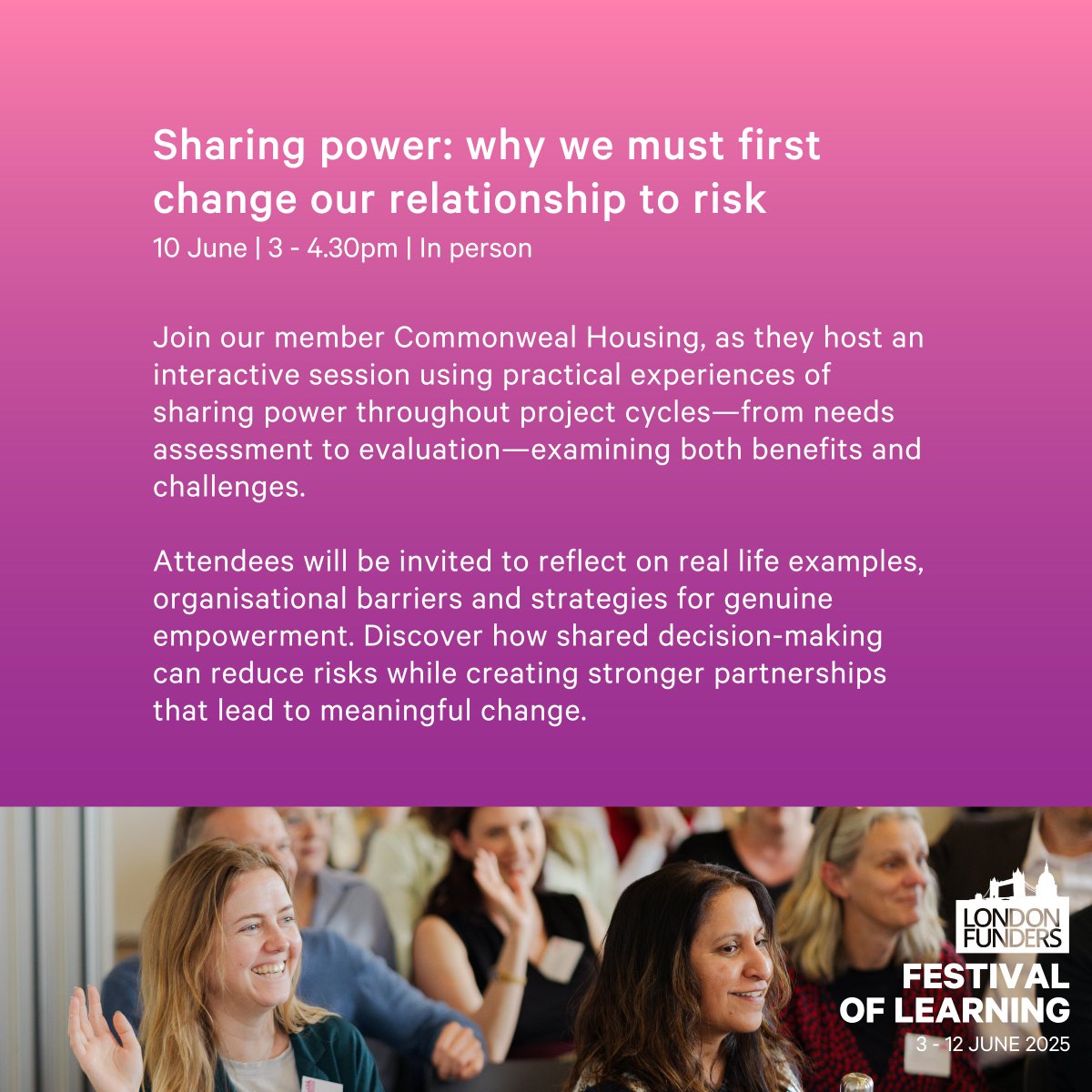 LondonFunders's tweet photo. Is our reluctance to take risks driven by a fear of sharing control?

Tapping into their wealth of experience, @CommonwealTweet are hosting a participative learning session on transforming our relationship with risk and power sharing

Members sign up ➡️ https://t.co/AWQdhWgDLy https://t.co/M12icew6Ep