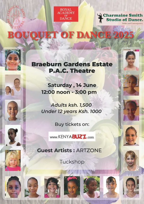 Get ready for an unforgettable dance celebration at the Bouquet of Dance 2025 for an amazing showcase.💃🏽✨

📍Braeburn Gardens Estate Theatre 
🗓️Saturday, 14 June
⏰12:00 noon to 3:00 pm

🎟️ Tickets: kenyabuzz.com/events/event/b…

#Dance #KidsPerforming #Talent