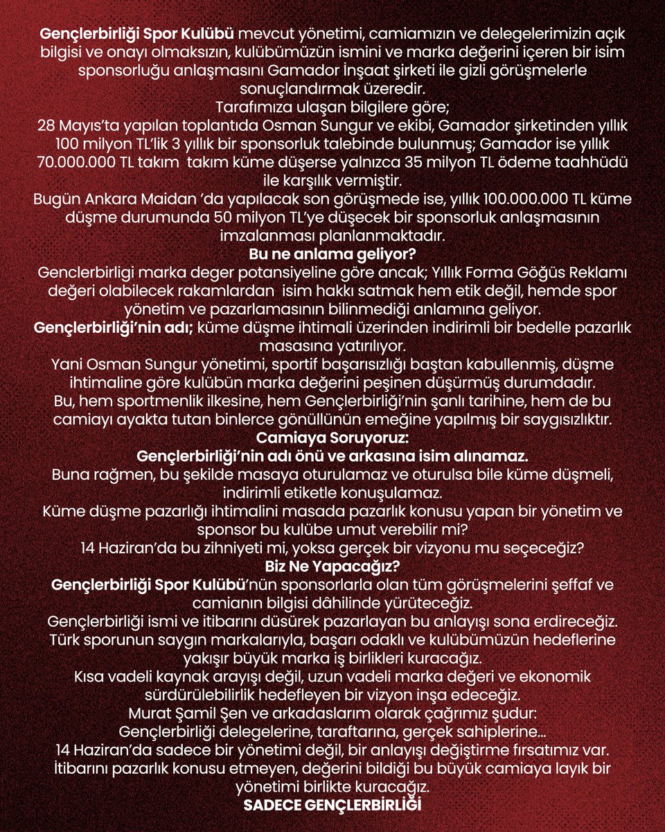 “Gençlerbirliği’nin Adı ve Onuru Pazarlık Konusu Edilemez!”
 29 Mayıs 2025 – Ankara

Gençlerbirliği Spor Kulübü mevcut yönetimi, camiamızın ve delegelerimizin açık bilgisi ve onayı olmaksızın, kulübümüzün ismini ve marka değerini içeren bir isim sponsorluğu anlaşmasını Gamador