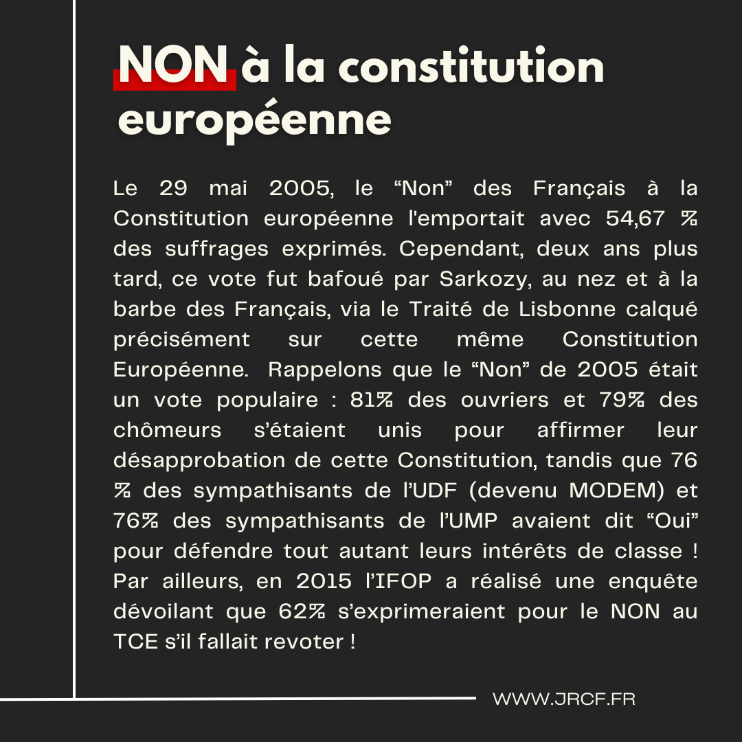 OrgaCommuniste's tweet photo. 🇨🇵🚩 29 mai 2005 : La France disait NON à la constitution européenne. Encore une fois, l'Union Européenne et ses agents balayèrent la décision démocratique d'un peuple souverain. 

#frexitprogressiste https://t.co/H9C2RHPP27