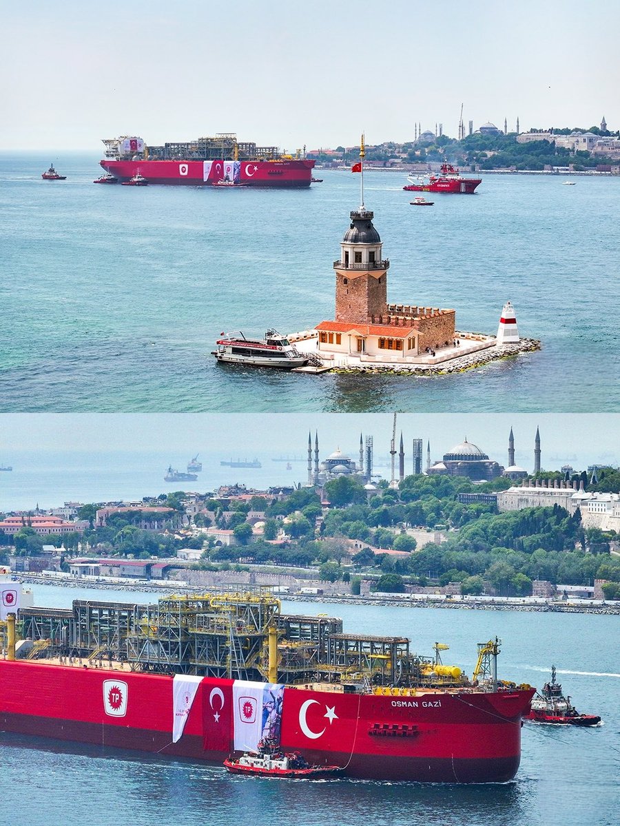 Türkiye'nin ilk yüzer doğalgaz üretim gemisi Osman Gazi İstanbul'un Fethi'nin yıl dönümünde Boğaz'dan geçiyor.🇹🇷
