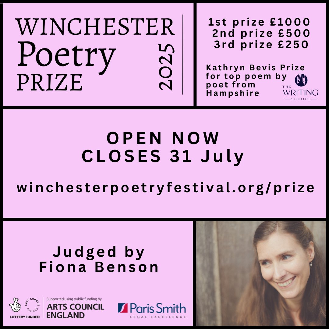 Winchester Poetry (@winpoetryfest) on Twitter photo ⚠️Attention #Hampshire writers⚠️
Winchester Poetry Prize has a *special* prize category for entries from Hampshire - the Kathryn Bevis Prize
Prizes: 1yr tuition from <a href="/Writing5chool/">The Writing School</a>, £150, opp to read at WPF
Supported by <a href="/Writing5chool/">The Writing School</a> + Oliver Golding
winchesterpoetryfestival.org/prize ⚠️Attention #Hampshire writers⚠️
Winchester Poetry Prize has a *special* prize category for entries from Hampshire - the Kathryn Bevis Prize
Prizes: 1yr tuition from <a href="/Writing5chool/">The Writing School</a>, £150, opp to read at WPF
Supported by <a href="/Writing5chool/">The Writing School</a> + Oliver Golding
winchesterpoetryfestival.org/prize