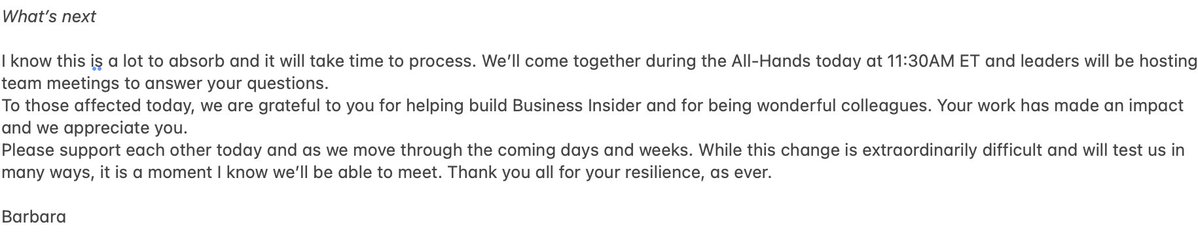 Sara Fischer (@sarafischer) on Twitter photo News: <a href="/BusinessInsider/">Business Insider</a> is laying off 21% of staff, according to a staff memo from CEO Barbara Peng.
— The company is reducing traffic-sensitive businesses (commerce) and instead will be investing more in events (BI Live). News: <a href="/BusinessInsider/">Business Insider</a> is laying off 21% of staff, according to a staff memo from CEO Barbara Peng.
— The company is reducing traffic-sensitive businesses (commerce) and instead will be investing more in events (BI Live).