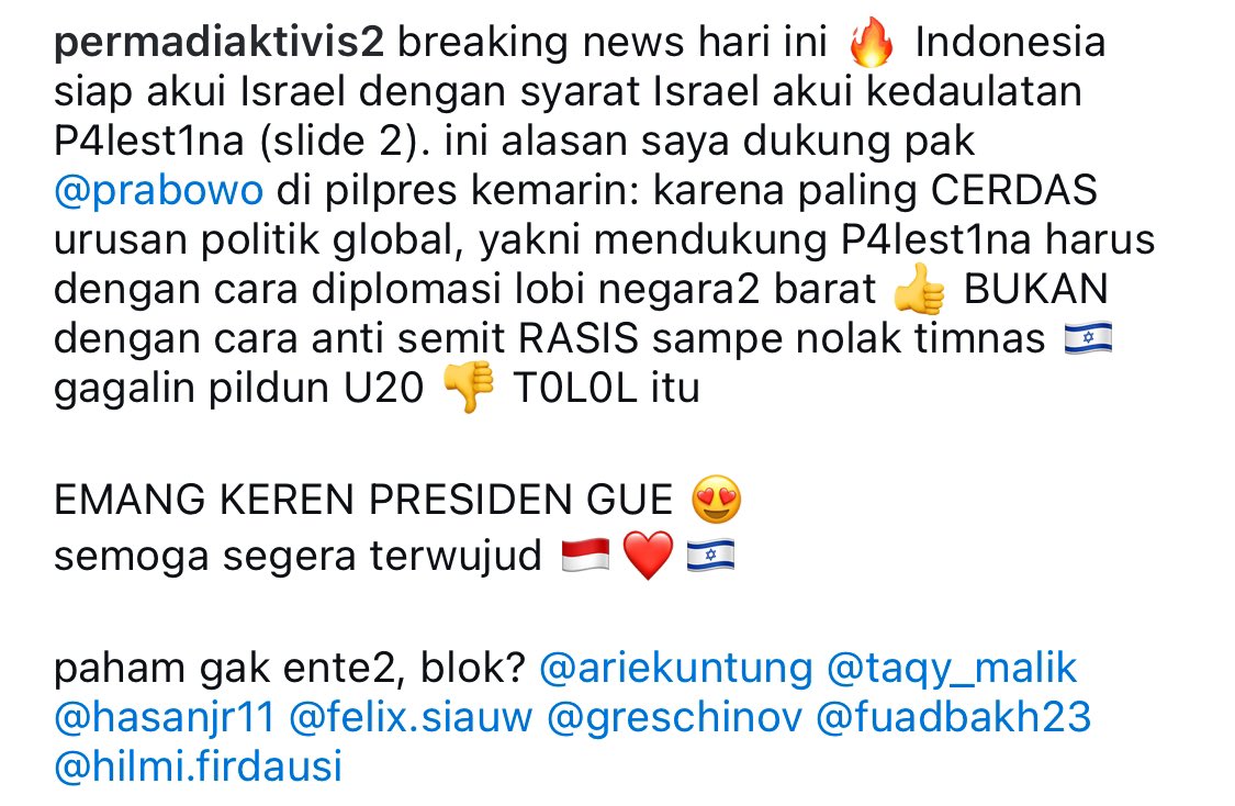 Kalau anti penjajahan &amp; anti pelaku genosida dibilang **blok, saya ikhlas &amp; rela. Apalagi ucapan itu keluar dari mulut Abu Janda, artinya saya sdh berada di jalan yg benar. #FreePalestine !!!