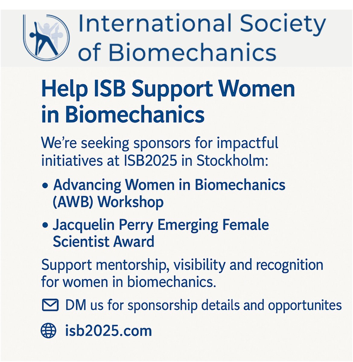 📢 We’re proud to support initiatives promoting inclusivity in science!

Check out this opportunity to sponsor the Women in Biomechanics events at #ISB2025.
Let’s work together to empower the next generation of biomechanists! 💪🌍
🔗isb2025.com