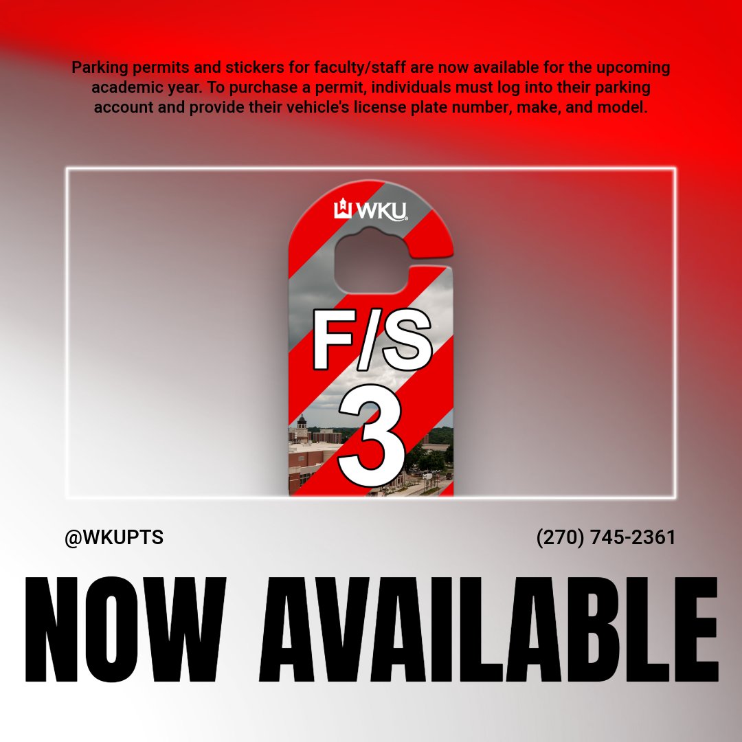 Faculty &amp; Staff: It’s time! Parking permits/stickers are now available for purchase.

To get yours:
🚗 Log into your parking account
🔢 Have your license plate number ready
🚙 Know your vehicle's make &amp; model

wkuparking.t2hosted.com