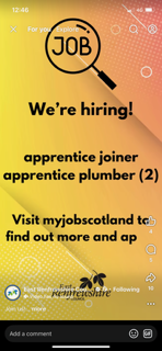 Join us!  The East Renfrewshire Council housing team is recruiting an apprentice joiner and two apprentice plumbers. To find out more and apply:   Plumber: orlo.uk/goXsH  Joiner: orlo.uk/UQbV7  Please share with anyone you think may be interested.