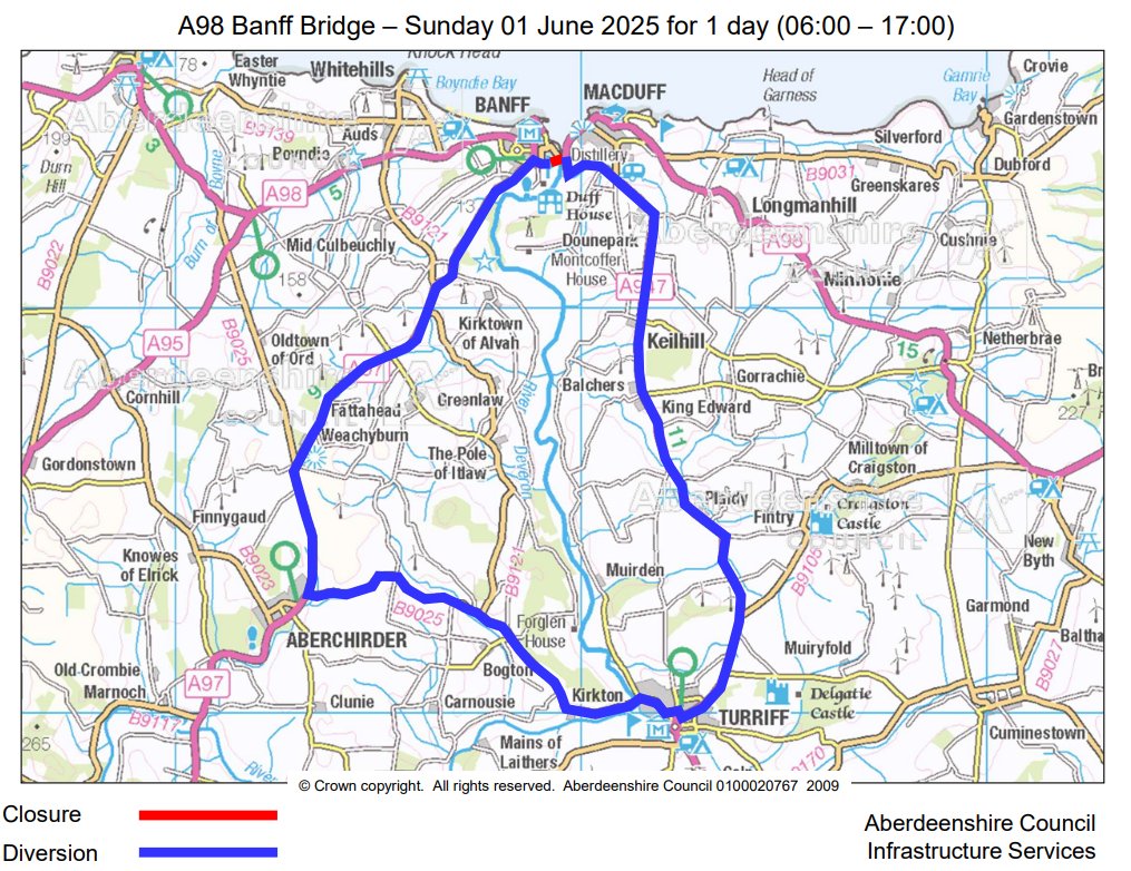 AbshireRoads's tweet image. 📅SUNDAY 1ST JUNE - 06:00am to 17:00pm📅
🛑A947 / A98 - Banff Bridge Road Closure🛑
Planned Bridge Inspection with Underbridge Unit along with drainage improvements this Sunday.
Pedestrian Access will be maintained through the works. @Aberdeenshire