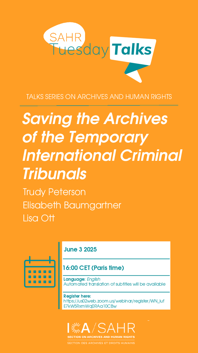ArchivesPortalEurope (@archivesportal) on Twitter photo The <a href="/ICArchiv/">ICA - International Council on Archives</a> has organised a talk focused on Saving the Archives of the Temporary International Criminal Tribunals (3 June at 4 pm CET). It is free and open to all, it will also be uploaded on YouTube.
More info on the event and registration link here: archivesportaleurope.net/blog/ica-talk-… The <a href="/ICArchiv/">ICA - International Council on Archives</a> has organised a talk focused on Saving the Archives of the Temporary International Criminal Tribunals (3 June at 4 pm CET). It is free and open to all, it will also be uploaded on YouTube.
More info on the event and registration link here: archivesportaleurope.net/blog/ica-talk-…