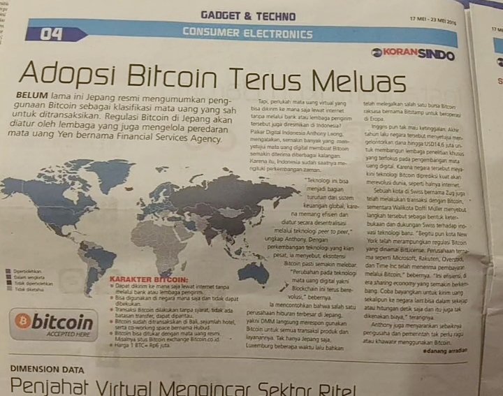 jiysto's tweet photo. Bitcoin Adoption

The newspaper issued 10 years ago in Indonesia, is proof that it is real now and many people are talking about it. https://t.co/Bm4G7nI2P0