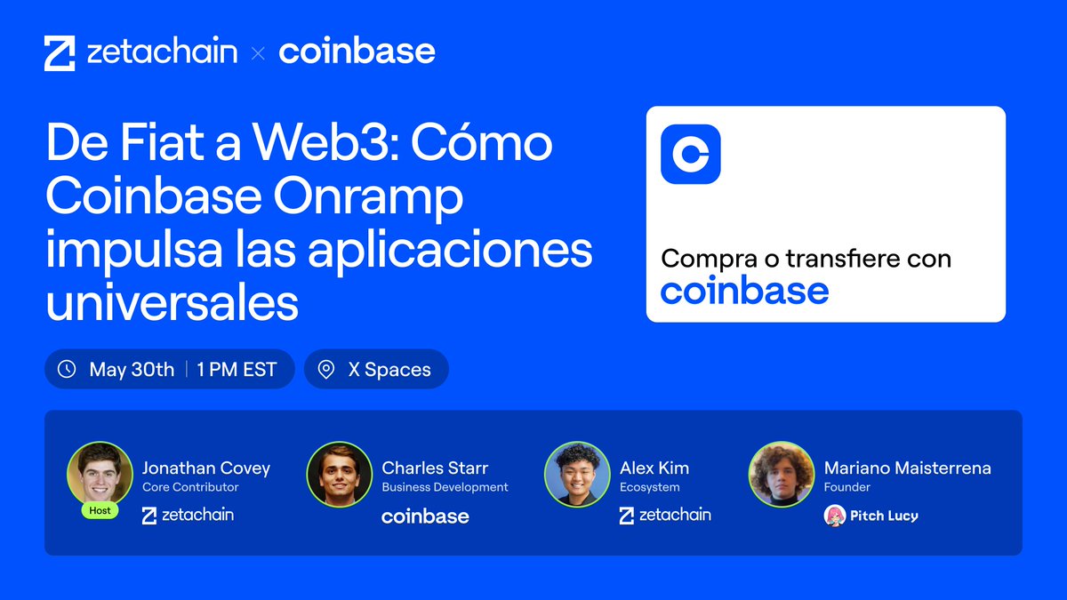 De fiat a Web3: descubre cómo Coinbase Onramp impulsa las aplicaciones universales de ZetaChain.

🎙️ EN DIRECTO el 30 de mayo a la 1 p. m. EST👥

<a href="/DAOist_JC/">Jonathan 乔纳森 Covey 🟩</a>
<a href="/charlesastarr/">Charles Starr</a>
<a href="/realalexkim/">Alex 🐸</a>
+ Fundador de <a href="/PitchLucyAI/">Pitch Lucy AI</a>

🔗 x.com/i/spaces/1gqGv…