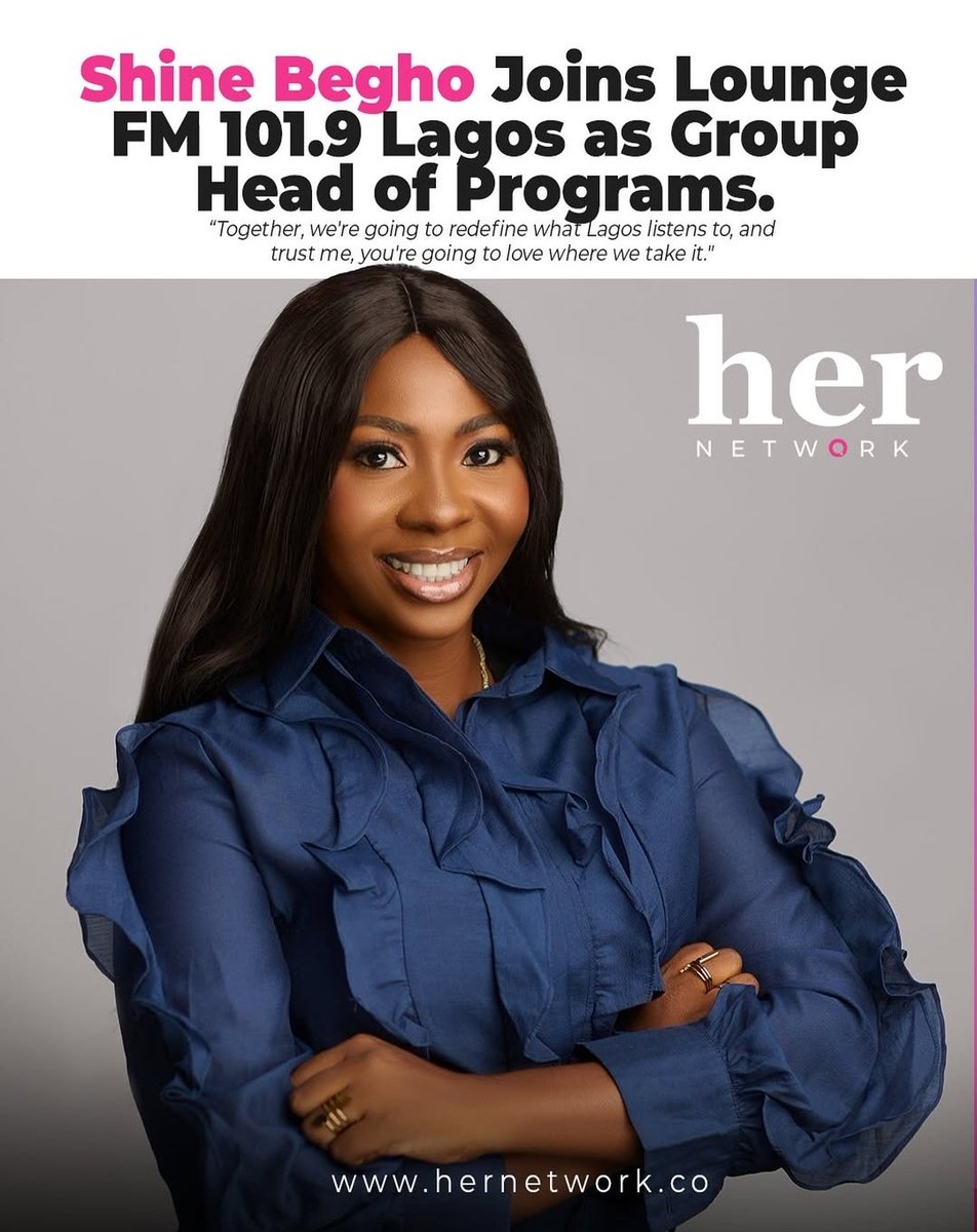 ShineBegho's tweet photo. Thanks @HerNetworkOnlne for the post.

Its buzz worthy news that I’ve officially taken on the role of Group Head of Programs at Lounge FM Lagos, and I’m absolutely buzzing with ideas! 

This isn’t just a new job—it’s a chance to reshape radio and curate unforgettable experiences. https://t.co/S13J14gPQu
