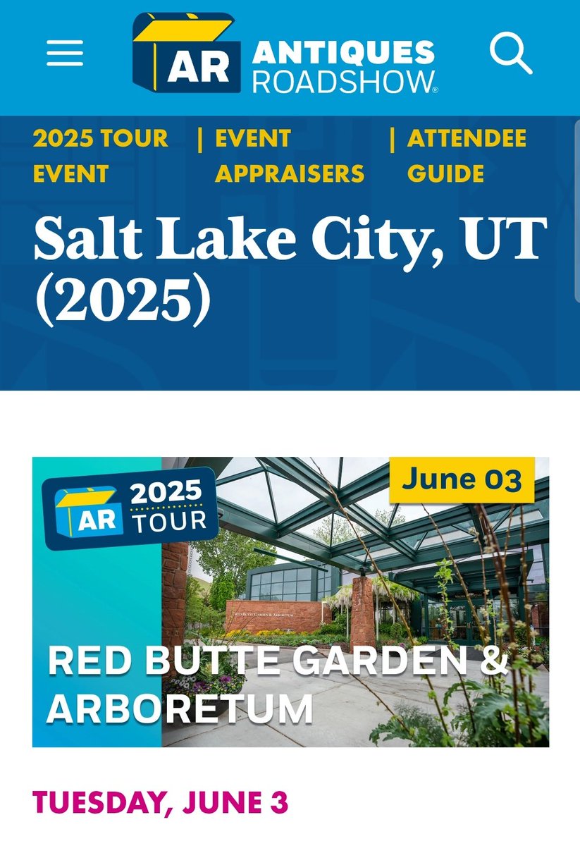 Mom won two tickets for the Antiques Roadshow (again) this year, but she can't use them. It's in Salt Lake City next Tuesday, June 3rd. If you'd like to go and take some of your treasures for appraisals, hit us up!