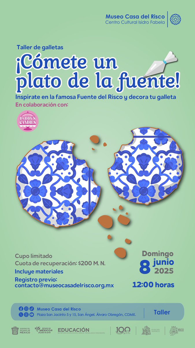 Aquí toda la información sobre nuestro taller para decorar galletas inspirado en la icónica fuente. 
¡Cómete un plato de la fuente! 
Domingo 8 de Junio
Cuota de recuperación 200MXN 

Regístrate en:
contacto@museocasadelrisco.org.mx