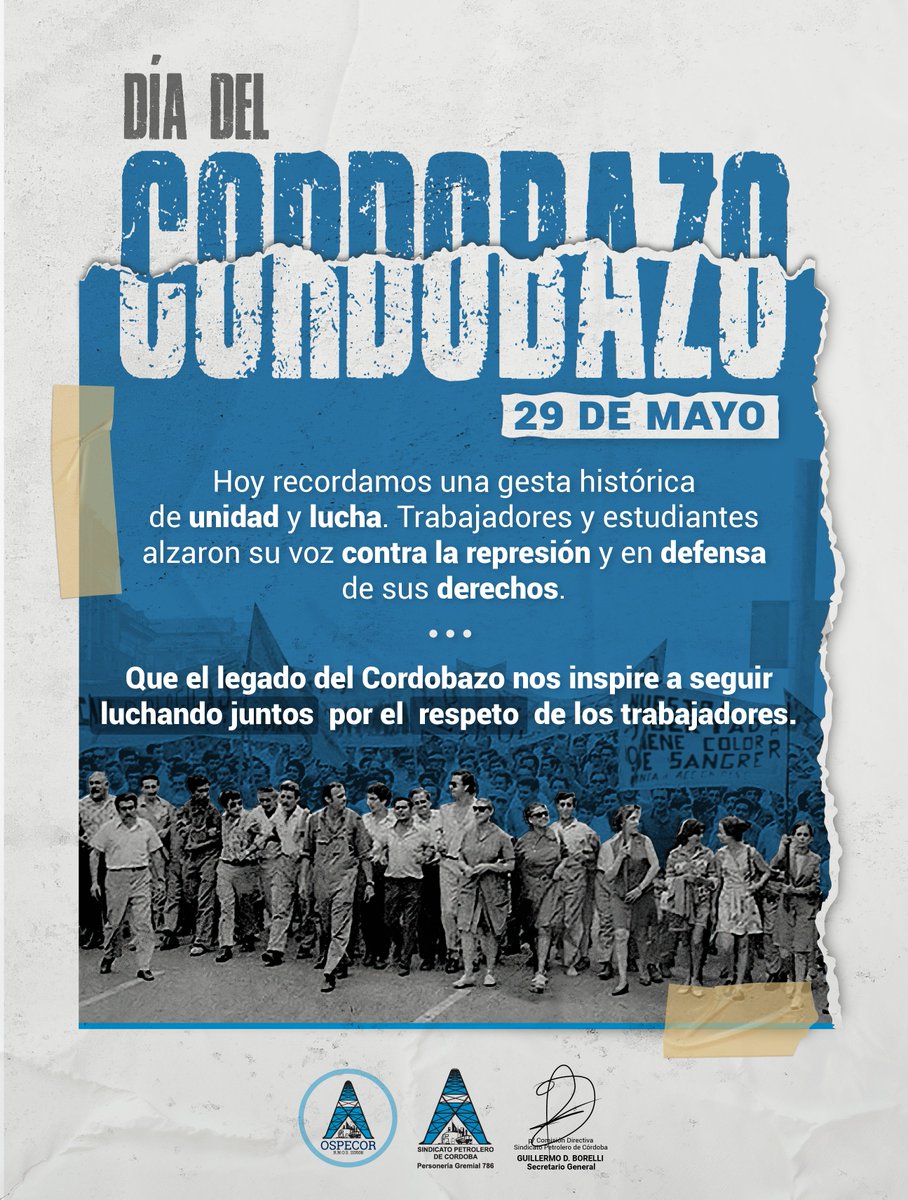 Conmemoramos 56 años del #Cordobazo, reivindicando esta gesta popular que dejó una huella en la lucha por los derechos de la clase trabajadora.

#YoSirvo #Córdoba #SinPeCor