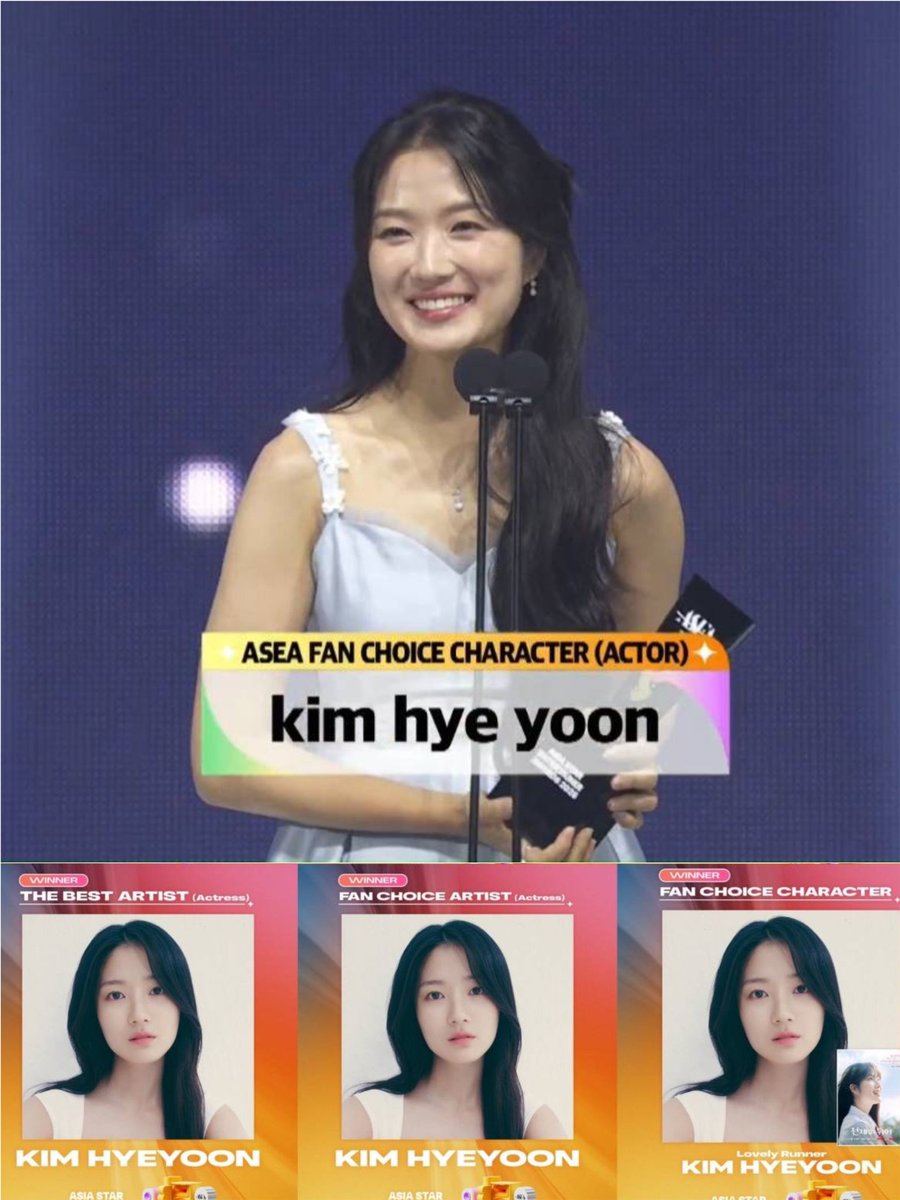 สรุปงาน 2025ASEA ค่ำคืนนี้
นอกจากคิมฮเยยุนจะทำหน้าที่ MC ได้ดีทั้งในหน้าที่ผู้ประกาศและเอนเตอร์เทนเนอร์แล้ว

ยังรับ 3 รางวัลกลับบ้าน
🏆 Fan Choice Character (อิมซล จาก LovelyRunner)
🏆 Fan Choice Artist (Actress)
🏆 The Best Artist (Actress)

ยินดีด้วยน้าาา