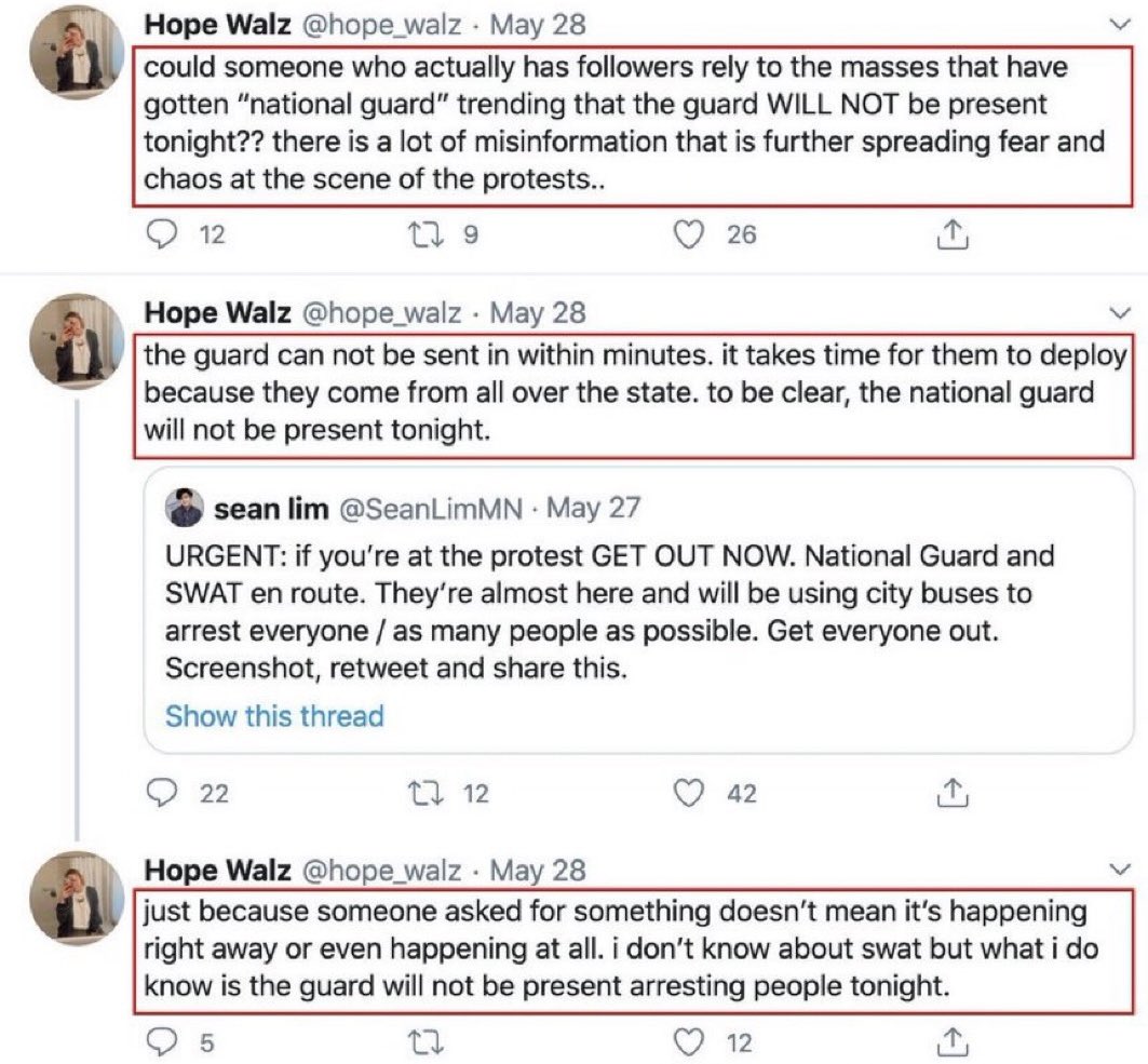 Five years ago, Tim Walz’s daughter, Hope Walz, relayed to rioters that although the National Guard had been activated after the 3rd Precinct was burned, they wouldn’t respond that night.

Signaling to leftist rioters that they still had time to destroy Minneapolis unchecked.