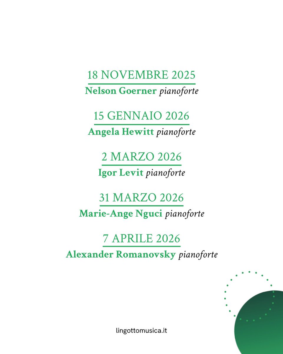 🎹 Dopo il successo della prima edizione, tornano 𝗜 𝗣𝗶𝗮𝗻𝗶𝘀𝘁𝗶 𝗱𝗲𝗹 𝗟𝗶𝗻𝗴𝗼𝘁𝘁𝗼, il ciclo cameristico consacrato al recital di piano solo che presenta 5 appuntamenti dal 18 novembre 2025 al 7 aprile 2026 in Sala 500 (ore 20.30). Scoprili qui: shorturl.at/EzWbk