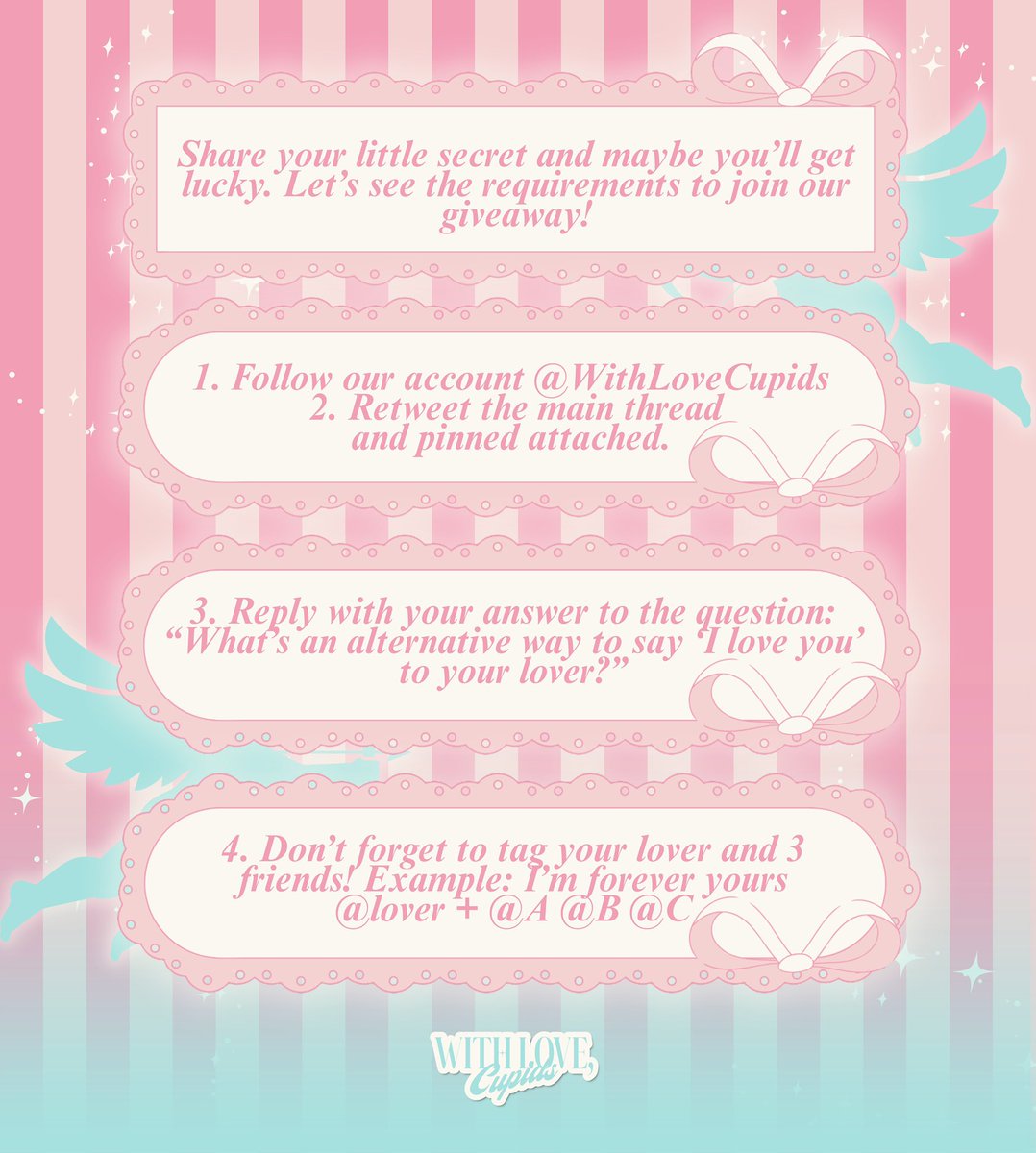 WithLoveCupids's tweet image. ㅤ
𐙚˙⋆.˚ㅤ𝐄𝐗𝐂𝐋𝐔𝐒𝐈𝐕𝐄 𝐏𝐀𝐒𝐒

Dear, lovebirds! We’ve prepared two exclusive passes for two lucky couples through our special session. Come join us and let’s see if Aphrodite will smile upon your prays!
ㅤ