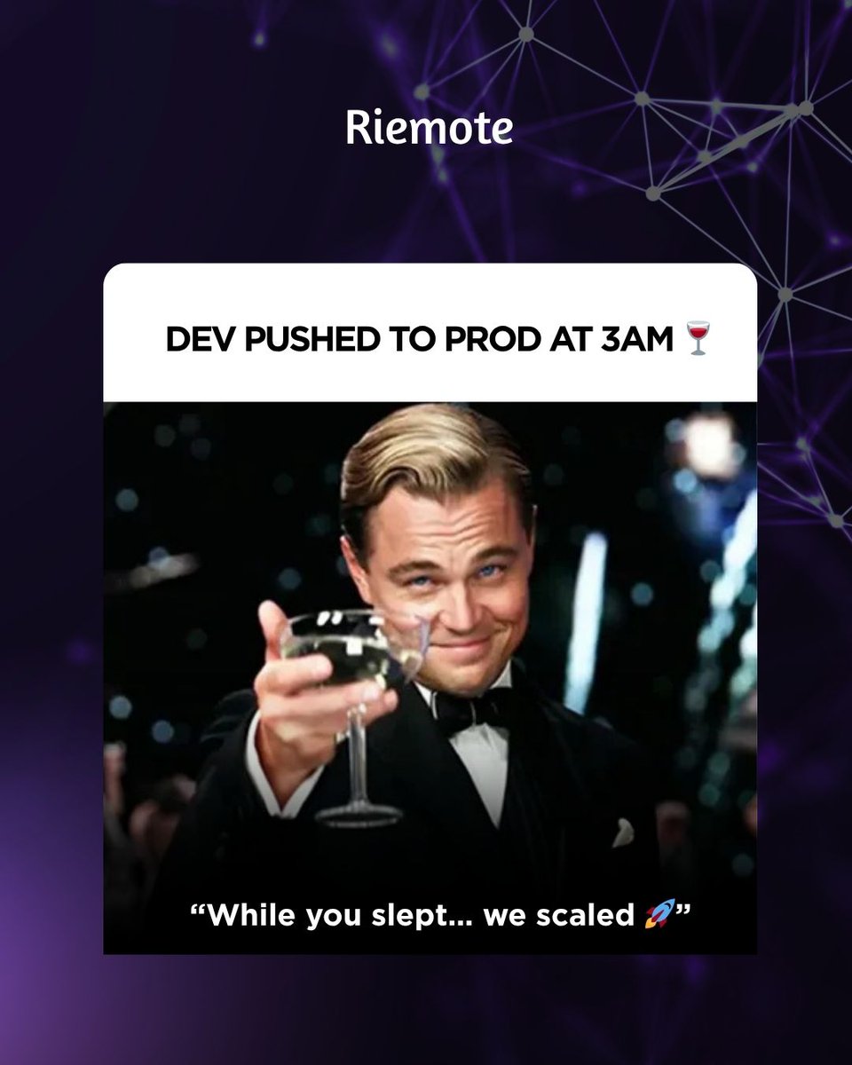 riemote_com's tweet photo. 🚀 Late-night deploys hit different.
To all the 3AM warriors pushing to prod while the world sleeps.

“While you slept… we scaled.” 💻🌙

#DevLife #StartupGrind #NightDeploys #WhileYouSlept #EngineeringHumor #Riemote #DeveloperLifestyle #TechMeme #BuildInSilence https://t.co/Af4x7czYat