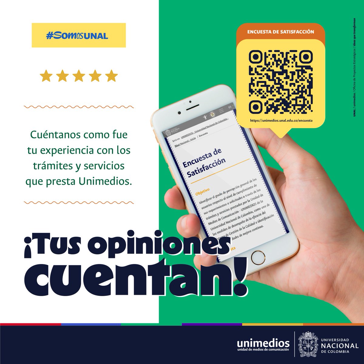 #ComunidadUNAL 📝 ¿Cómo perciben los servicios que presta #Unimedios? ¡Queremos escucharlos! Su opinión es clave para fortalecer nuestro trabajo ✅ Diligencia ahora esta encuesta ingresando a 👉 acortar.link/JDAIKw | #SomosUNAL