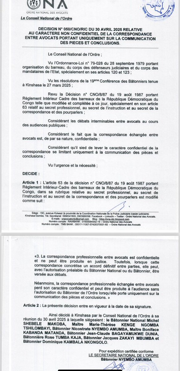#RDC Décision n°050/CNO/RIC du 30 avril 2025 relative au caractère non confidentiel de la correspondance entre avocats portant uniquement sur la communication des pièces et conclusions.
<a href="/mugisajoanna/">AKIIKI👑♥️🌹🌟💫</a> <a href="/AvocatsCd/">Avocats.cd</a> <a href="/avocat_battajon/">Romain Battajon</a> <a href="/avocat_johnny/">Johnny Mbuyi</a> <a href="/ObjectifBarreau/">Objectif Barreau</a>