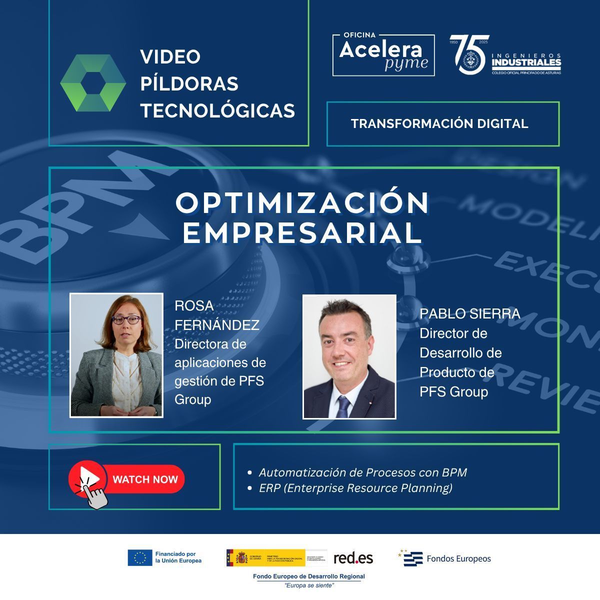 🚀 ¿Cómo optimizar tu empresa en la era digital?

Rosa Fernández y Pablo Sierra (Grupo PFs) explican cómo mejorar eficiencia con: 
🔹 BPM: Automatiza tus procesos
🔹 ERP: Integra y gestiona con eficiencia

🎥 Video píldoras 👉 buff.ly/6QYifMr 

@acelerapyme <a href="/redpuntoes/">Red.es</a>