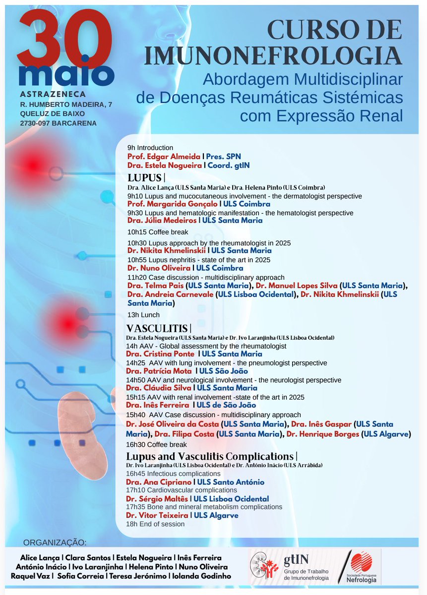 InesCF78's tweet photo. 🧪 É com grande satisfação que anuncio o início do Curso de Imunonefrologia, que começa já amanhã!
Trata-se de um evento multidisciplinar, que certamente será enriquecedor para profissionais de diversas especialidades médicas. https://t.co/R9cK3uDdg3