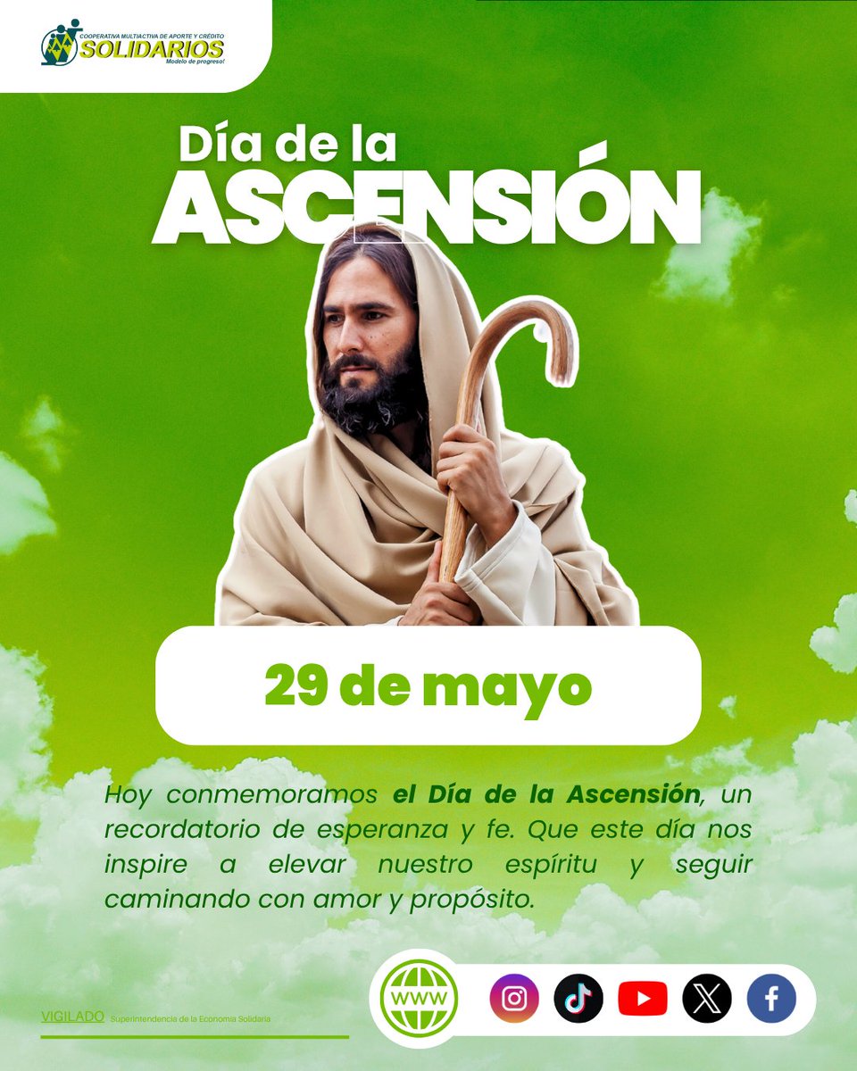 CoopSolidarios's tweet photo. ✨ Día de la Ascensión ✨
Hoy recordamos la Ascensión del Señor, un momento de esperanza y fe que nos invita a mirar al cielo sin perder de vista nuestro propósito en la Tierra.
Que su mensaje de amor y paz siga guiando nuestros pasos. 🙏 https://t.co/aJiiS7kMm2