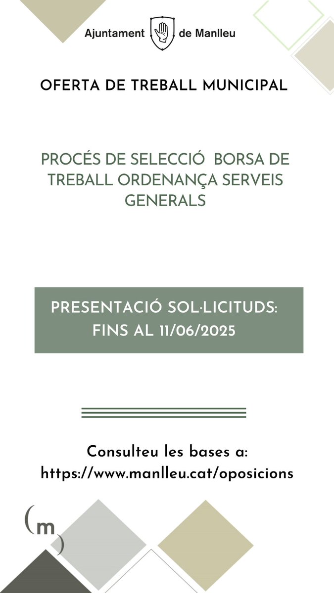 #oferta Oberta convocatòria pel procés de selecció d'una borsa de treball ordenança Serveis Generals

📆Termini de presentació de sol·licituds fins al 11/06/25

➡️ Bases: manlleu.cat/oposicions