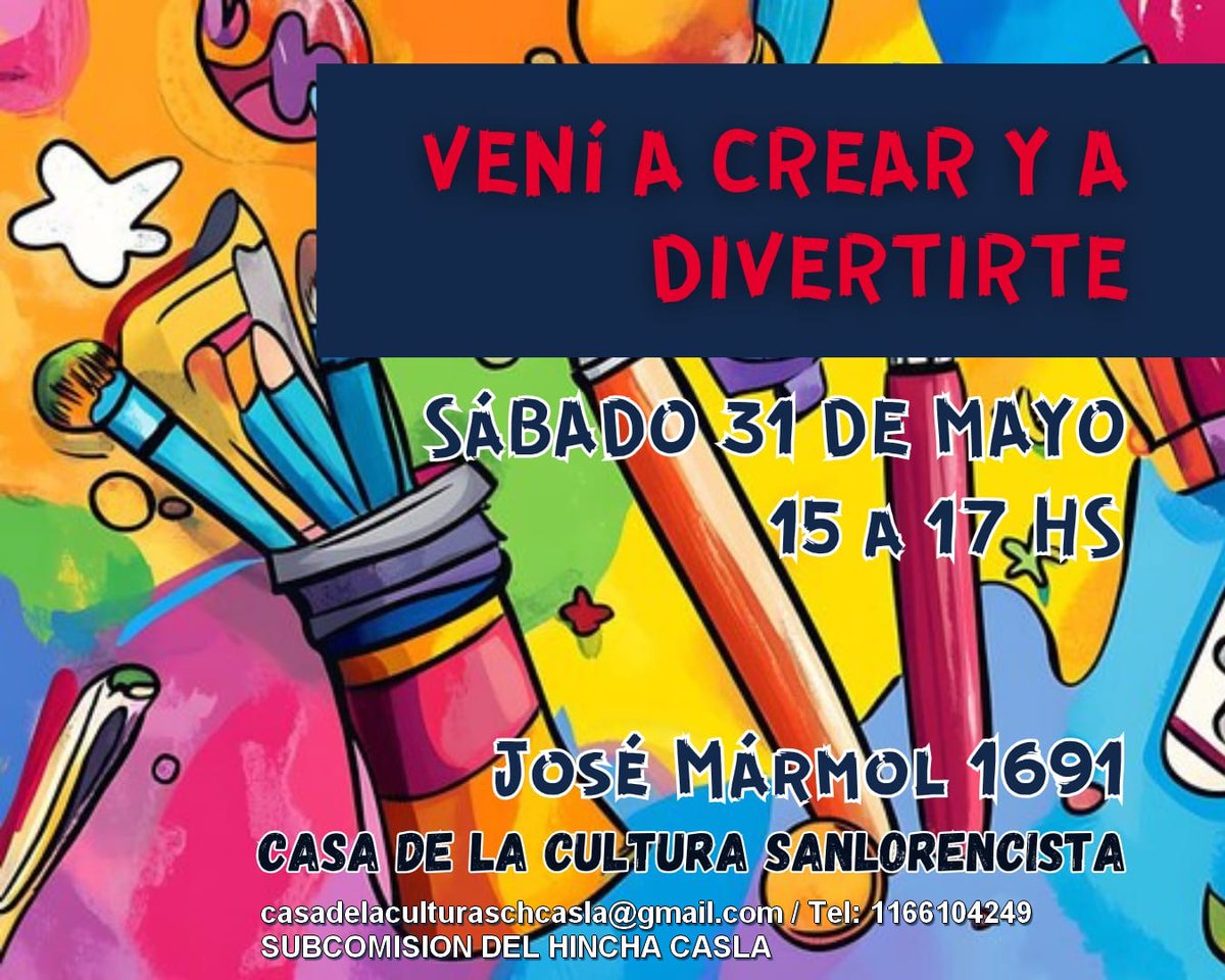🎨🏃‍♂️ ¡La Casa de la Cultura Sanlorencista abre sus puertas para los más chicos!
Te invitamos a compartir una tarde llena de juegos, arte y diversión, y a conocer toda la oferta de talleres que tenemos para vos.
📅 Sábado 31 de mayo
🕒 De 15 a 17 hs
📍 José Mármol 1691 – Boedo