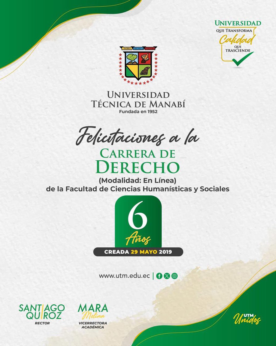 Que el Derecho será el Faro para buscar el orden social justo, para garantizar derechos y resolver conflictos ✨ 
Loor a la Carrera de Derecho de la <a href="/UTMManabi/">Universidad Técnica de Manabí</a> ⚖️