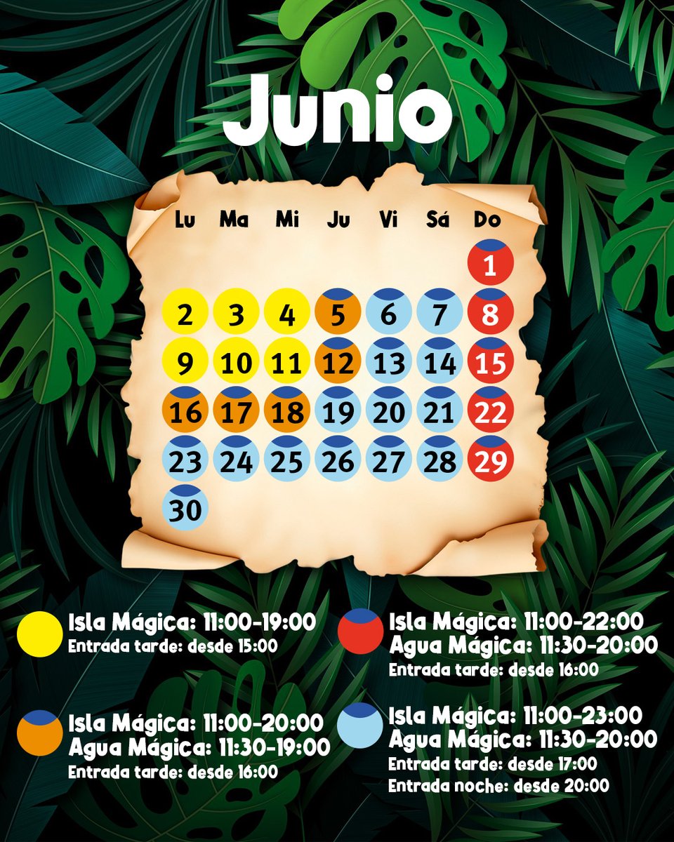 Desde el 31 de mayo, zarparemos ¡todos los días!
Además, Agua Mágica abre el 31 de mayo .

Consulta los horarios de junio en esta publicación o el calendario completo en en islamagica.es 

* El calendario y horarios pueden sufrir modificaciones.

#islamágica #sevilla