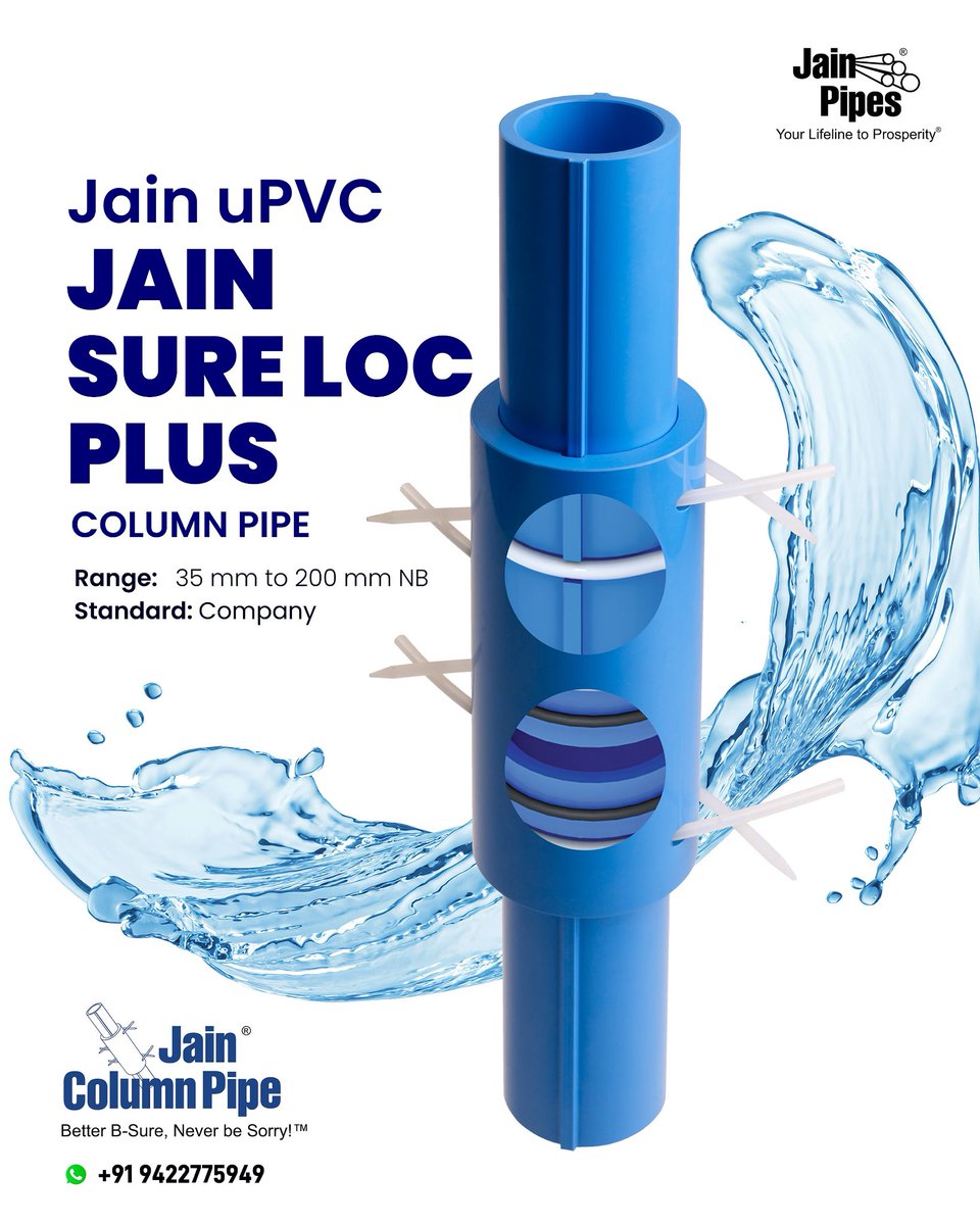 🔧 Jain Sure-Loc Plus Column Pipes – Strength That Holds, Confidence That Lasts! 🚀💧

✔️ Sure-Loc Technology – Locks tight, performs right
✔️ High Tensile Strength – Built to handle heavy loads with ease
✔️ Corrosion &amp; Rust Resistant – Long-lasting performance in all conditions