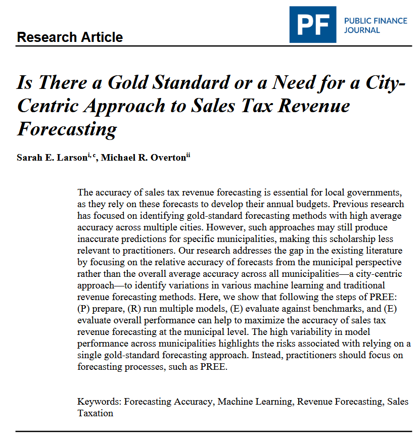 PublicFinance (@journal_pf) on Twitter photo "Is There a Gold Standard or Need for a City-Centric Approach for Sales Tax Revenue Forecasting" by <a href="/slizlarson/">Sarah Larson</a> & Michael Overton introduces PREE as a way to maximize the accuracy of sales tax revenue forecasting. doi.org/10.59469/pfj.2… "Is There a Gold Standard or Need for a City-Centric Approach for Sales Tax Revenue Forecasting" by <a href="/slizlarson/">Sarah Larson</a> & Michael Overton introduces PREE as a way to maximize the accuracy of sales tax revenue forecasting. doi.org/10.59469/pfj.2…