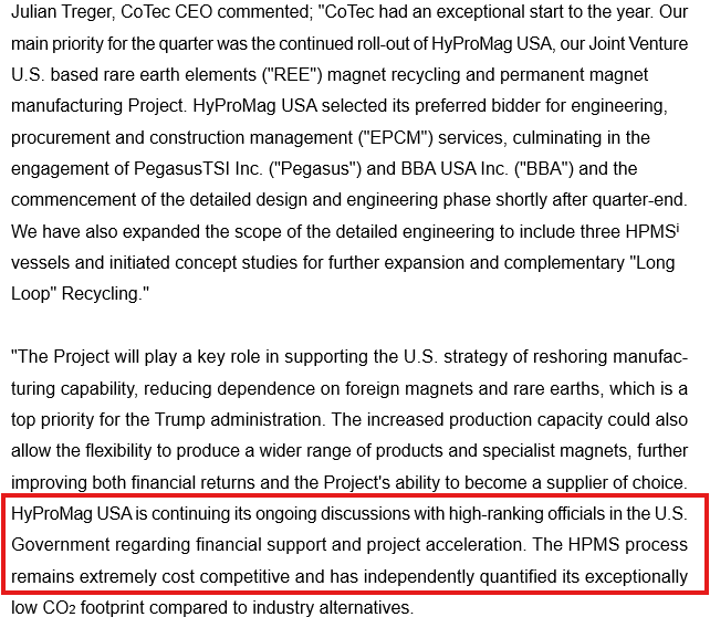 MylesMcNulty's tweet image. #MKA's JV partner for its #HyProMag USA operation, @CoTecCorp, just released its quarterly statements.

CEO's words ⬇️

The market has been given ample warning that significant financial support from the US Government (likely from the DoD, possibly from the DoE?) for Mkango's US