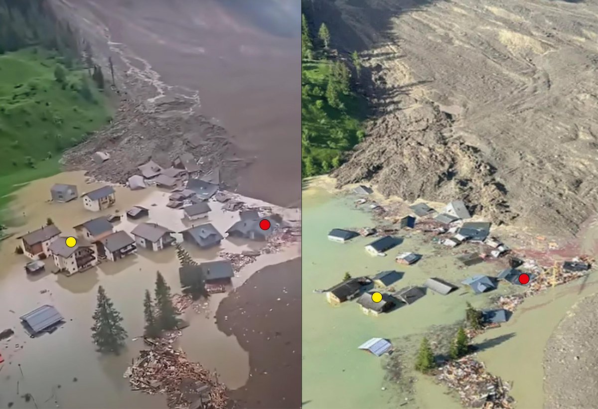 subfossilguy's tweet photo. BEFORE / AFTER #Blatten Lake 🌊

Lake level evolution upstream the Blatten deposit between yesterday evening and this morning!

Coloured dots indicate the 2 same buildings 🏠

Source of images: Pomona https://t.co/N38hHlQwxT