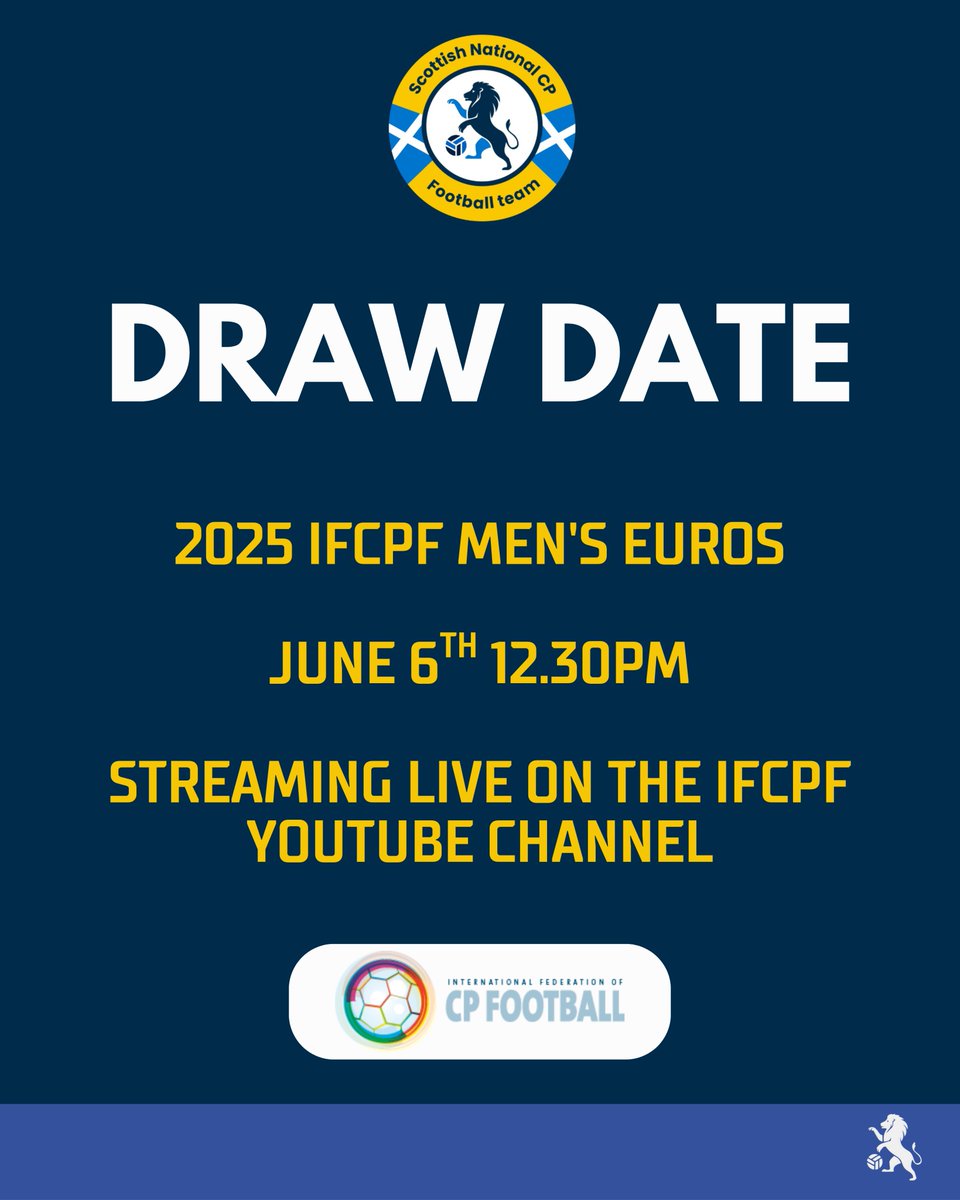 Scotland National CP Football Team (@cpfootball_sco) on Twitter photo ⚽️ 2025 IFCPF Men's Euros Draw.
We will discover our opponents for the 2025 <a href="/ifcpf/">IFCPF (CP Football) ⚽️</a> Men's Euros on Friday, June 6th.
The draw will be streamed live on the IFCPF YouTube channel at 12.30pm. ⚽️ 2025 IFCPF Men's Euros Draw.
We will discover our opponents for the 2025 <a href="/ifcpf/">IFCPF (CP Football) ⚽️</a> Men's Euros on Friday, June 6th.
The draw will be streamed live on the IFCPF YouTube channel at 12.30pm.