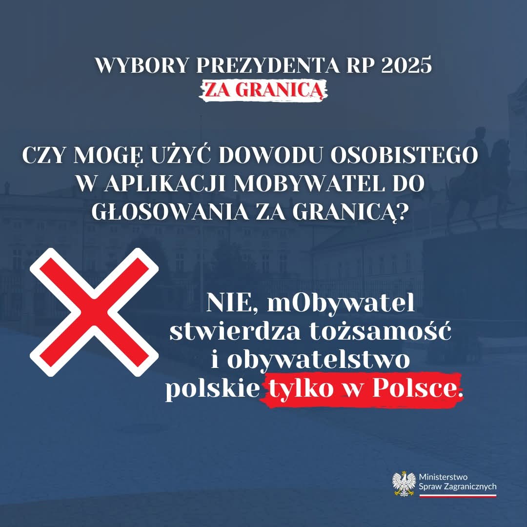 ❔ Czy mogę potwierdzić swoją tożsamość Komisji Wyborczej za granicą przy użyciu dowodu osobistego w aplikacji mObywatel?

‼️ Nie, mObywatel stwierdza tożsamość i obywatelstwo 🇵🇱 użytkownika aplikacji tylko w Polsce.