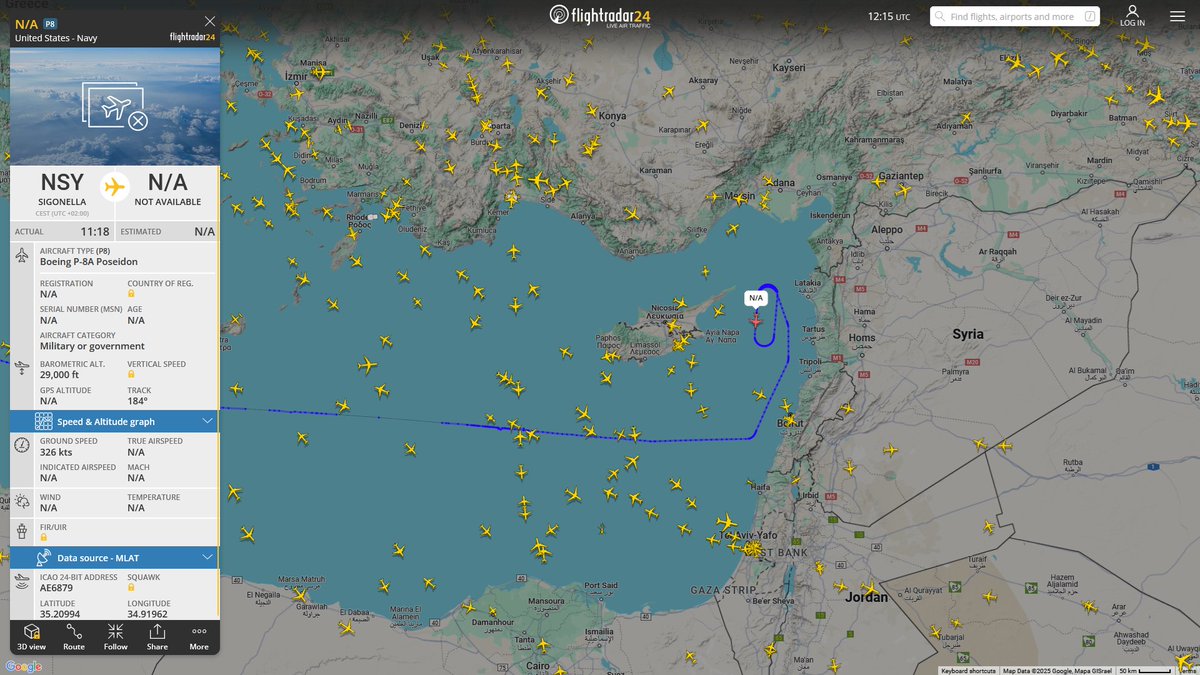 AIYeyENGDdJkjTr's tweet photo. May 29, 2025
#Naval Air Station Sigonella #Mediterranean Sea #Lebanon-Syria offshore 

#NoCALLSIGN #AE6879 USN P-8A Poseidon https://t.co/eguDgI3nNL