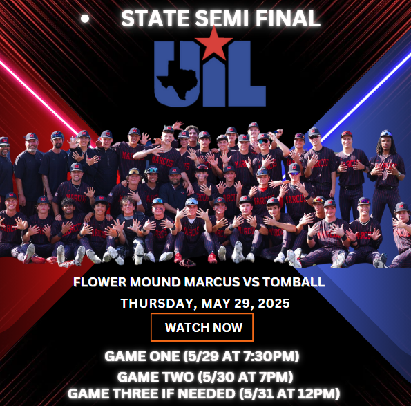 Texas UIL SPORTS (@texasuil_sport) on Twitter photo 🚨State Semifinals🚨
⚾️ Flower Mound Marcus vs Tomball
📺 bit.ly/3SrBU1T
📅 Thursday 29
⏰ 7:30PM
<a href="/thepackbaseball/">Marcus Baseball</a> <a href="/Marcus_HS/">Marcus High School</a> <a href="/MarcusRedNation/">MARCUS RED NATION</a> <a href="/CAvants_SLM/">Chase Avants</a> <a href="/BodzinPitching/">David Bodzin</a> <a href="/vargusz89/">The Whiskey Priest</a> <a href="/dane_parlin/">Dane Parlin</a> <a href="/chadrakestraw/">Chad Rakestraw</a> <a href="/judyhartgrove/">Judy Hartgrove</a> <a href="/Joshcm44/">Shelly Mayfield</a> <a href="/coachdavis10/">Colby Davis</a> <a href="/pcprice18/">Patrick price</a> 🚨State Semifinals🚨
⚾️ Flower Mound Marcus vs Tomball
📺 bit.ly/3SrBU1T
📅 Thursday 29
⏰ 7:30PM
<a href="/thepackbaseball/">Marcus Baseball</a> <a href="/Marcus_HS/">Marcus High School</a> <a href="/MarcusRedNation/">MARCUS RED NATION</a> <a href="/CAvants_SLM/">Chase Avants</a> <a href="/BodzinPitching/">David Bodzin</a> <a href="/vargusz89/">The Whiskey Priest</a> <a href="/dane_parlin/">Dane Parlin</a> <a href="/chadrakestraw/">Chad Rakestraw</a> <a href="/judyhartgrove/">Judy Hartgrove</a> <a href="/Joshcm44/">Shelly Mayfield</a> <a href="/coachdavis10/">Colby Davis</a> <a href="/pcprice18/">Patrick price</a>
