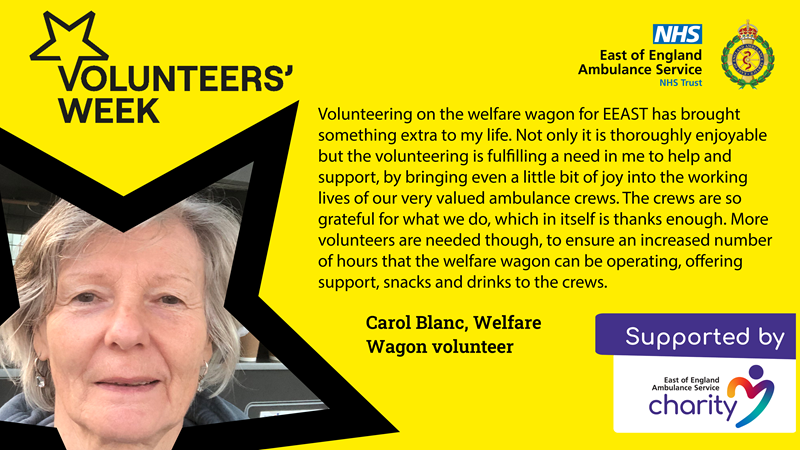 EEAST Ambulance Service (@eastenglandamb) on Twitter photo It’s Day Four of #VolunteersWeek!
Today we’re featuring Carol, a volunteer on our welfare wagons, who tells us why she loves volunteering her time!
If you’re interested in this volunteer role, please email welfare.wagons@eastamb.nhs.uk with an expression of interest. It’s Day Four of #VolunteersWeek!
Today we’re featuring Carol, a volunteer on our welfare wagons, who tells us why she loves volunteering her time!
If you’re interested in this volunteer role, please email welfare.wagons@eastamb.nhs.uk with an expression of interest.