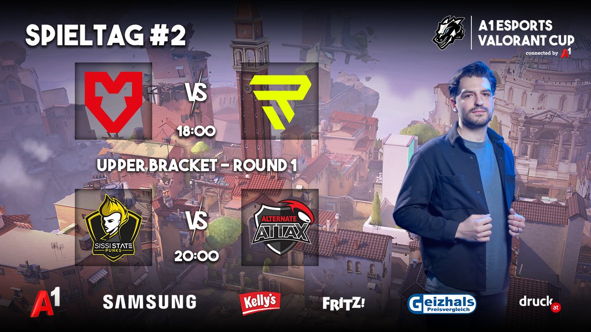 Feiertags Action 💪

Das perfekte Abendprogramm für alle die heute frei haben - Spieltag #2 im A1 eSports VALORANT Cup 😍

Game1️⃣ - 18:00 Uhr
<a href="/mousesportsDE/">MOUZ</a> 🆚 <a href="/RIZONDOTGG/">RIZON</a>

Game2️⃣ - 20:00 Uhr
<a href="/SissiStatePunks/">SISSI STΛTΞ PUNKS</a> 🆚 <a href="/ATNattax/">ALTERNATE aTTaX</a>

🎙️ <a href="/REALCasbah/">Casbah</a> &amp; <a href="/MarksmanXam/">Max Grafoner</a>
📺 twitch.tv/a1esports