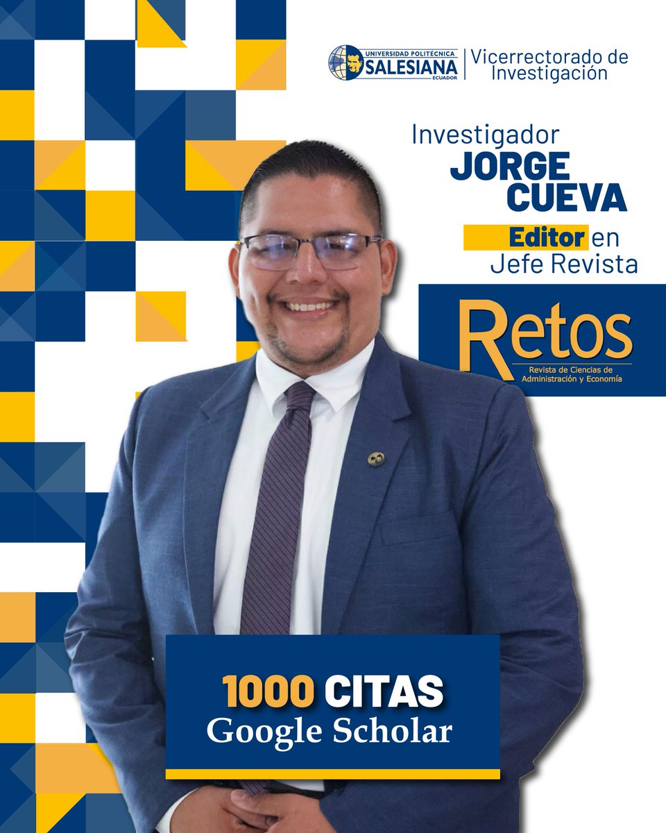 Investigación Universidad Politécnica Salesiana (@ecosistemaups) on Twitter photo 👏 Felicitamos a Jorge Cueva, editor en jefe de la Revista Retos, por superar las 1000 citas en Google Scholar, un reflejo del reconocimiento que su trabajo académico recibe en la comunidad científica.
📘 Desde la #UPS celebramos su compromiso con la investigación. 
#UPSEcuador 👏 Felicitamos a Jorge Cueva, editor en jefe de la Revista Retos, por superar las 1000 citas en Google Scholar, un reflejo del reconocimiento que su trabajo académico recibe en la comunidad científica.
📘 Desde la #UPS celebramos su compromiso con la investigación. 
#UPSEcuador
