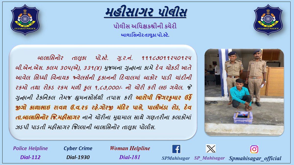 SP Mahisagar (@sp_mahisagar) on Twitter photo બાલાસિનોર તાલુકા પો.સ્ટે. વિસ્તારમાં દેવ ચોકડી ખાતે આવેેલ જ્વેલર્સની દુકાનમાં થયેલ ઘરફોડ ચોરીના આરોપીને ગણતરીના કલાકોમાં મુદ્દામાલ સાથે ઝડપી પાડતી મહીસાગર જિલ્લાની બાલાસિનોર તાલુકા પોલીસ. <a href="/CMOGuj/">CMO Gujarat</a> <a href="/dgpgujarat/">DGP Gujarat</a> <a href="/GujaratPolice/">Gujarat Police</a> <a href="/sanghaviharsh/">Harsh Sanghavi</a> <a href="/Harsh_Office/">Harsh Sanghavi Office</a> બાલાસિનોર તાલુકા પો.સ્ટે. વિસ્તારમાં દેવ ચોકડી ખાતે આવેેલ જ્વેલર્સની દુકાનમાં થયેલ ઘરફોડ ચોરીના આરોપીને ગણતરીના કલાકોમાં મુદ્દામાલ સાથે ઝડપી પાડતી મહીસાગર જિલ્લાની બાલાસિનોર તાલુકા પોલીસ. <a href="/CMOGuj/">CMO Gujarat</a> <a href="/dgpgujarat/">DGP Gujarat</a> <a href="/GujaratPolice/">Gujarat Police</a> <a href="/sanghaviharsh/">Harsh Sanghavi</a> <a href="/Harsh_Office/">Harsh Sanghavi Office</a>