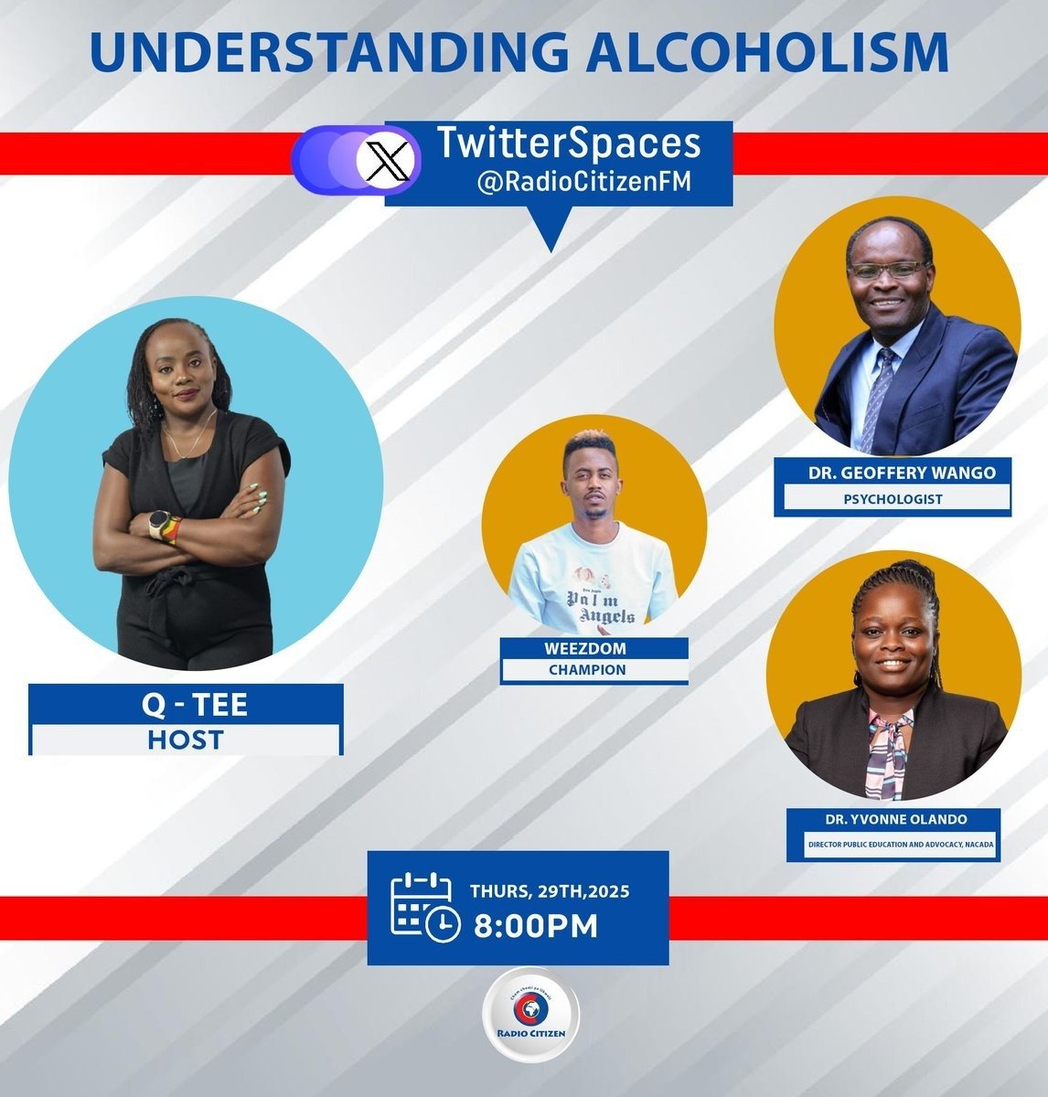 TAAAANIGHT!!!!!
At 8 PM, don’t miss a powerful Twitter Spaces discussion hosted by <a href="/RadioCitizenFM/">Radio Citizen</a> on "Understanding Alcoholism: Causes, Effects &amp; Solutions."

🎙 Special Guest: Our Director Public Education and Advocacy <a href="/nyaroland/">nya bn roland</a> will be joining to share critical insights on