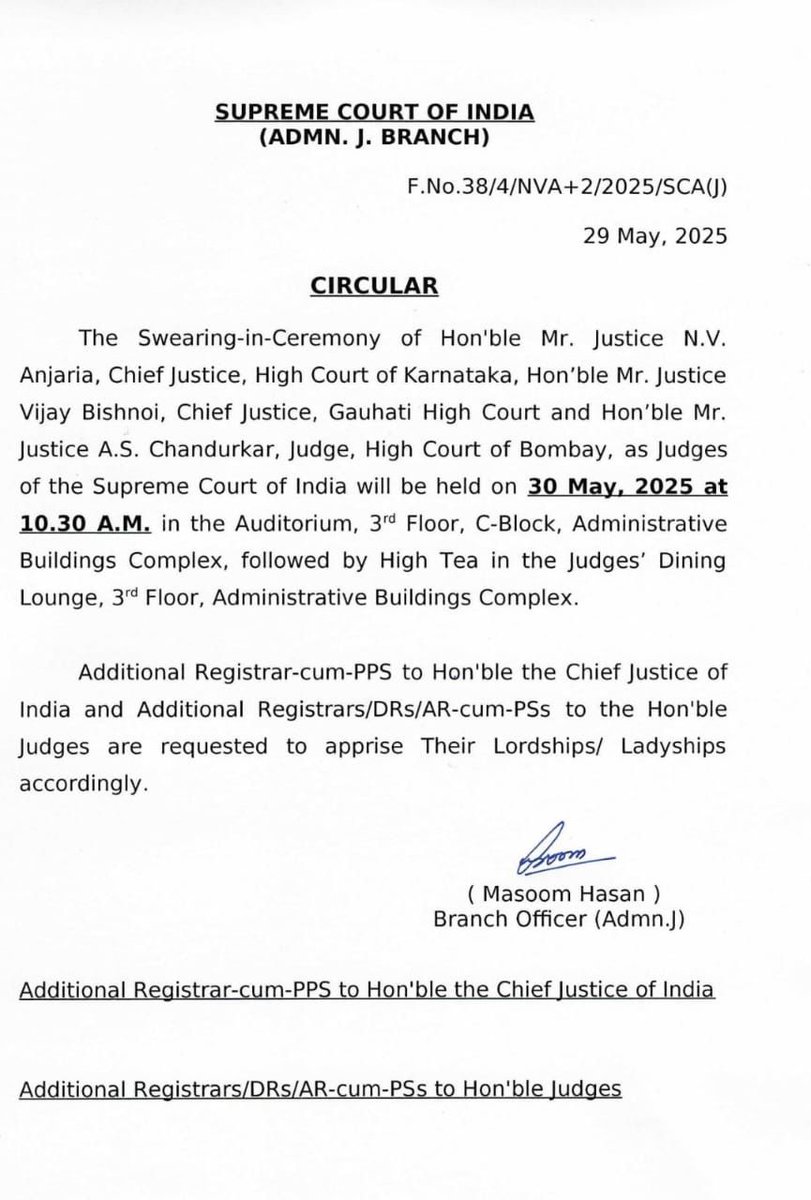 Swearing-in-ceremony tomorrow of Justice NV Anjaria, Chief Justice of Karnataka High Court; Justice Vijay Bishnoi, Chief Justice of Gauhati High Court and Justice AS Chandurkar, Judge of Bombay High Court as Judges of #SupremeCourt