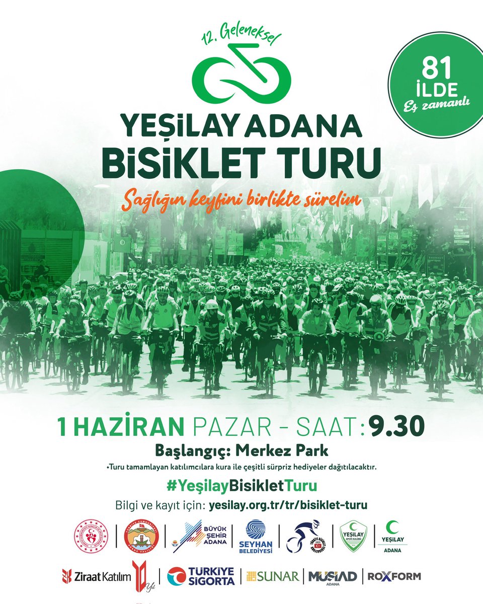 Yeşilay’ın düzenleyeceği 12. Geleneksel Bisiklet Turu’nda pedallar, Adana’da da sağlıklı bir yaşam için çevriliyor.

Sen de harekete geç, sağlığın keyfini birlikte sürelim. 🚴🏻‍♂️

📅 1 Haziran Pazar
🕘 09.30
📍 Başlangıç: Merkez Park
📌 Kayıt ve detaylar: yesilay.org.tr/tr/bisiklet-tu…