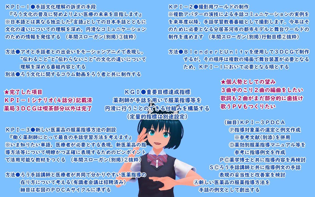 mukaiao's tweet photo. ProjectMukaiAo,2025
『アタシが教材になってやる』
活動再開にあたり，行動目標の再設定を行います
ＫＰＩ－３に重点を置いて取り組みますが
『ひとりでも多くの医療者が手話の必要性を理解し，きこえない人とのより良いコミュニケーションを目指す』���本的な目標に変更はありません。 https://t.co/Nd1TLfdeT6