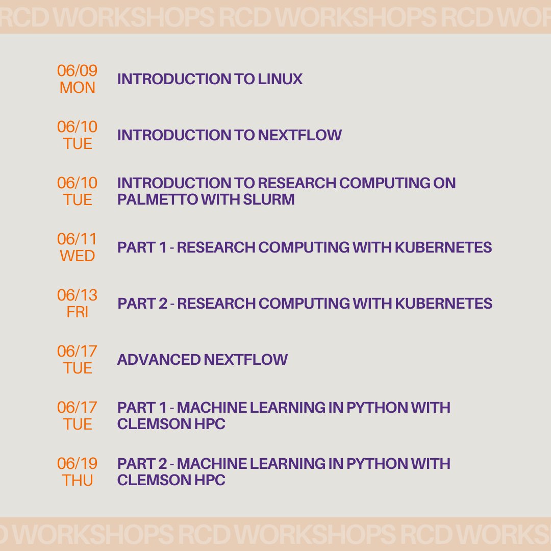 Mark your calendars Tigers! RCD Workshops are happening throughout June, and you don't want to miss out! There is something for everyone whether you are diving into Linux, mastering Nextflow or exploring machine learning with Clemson HPC. 💻🐅🧠 #CCIT #TechWorkshops